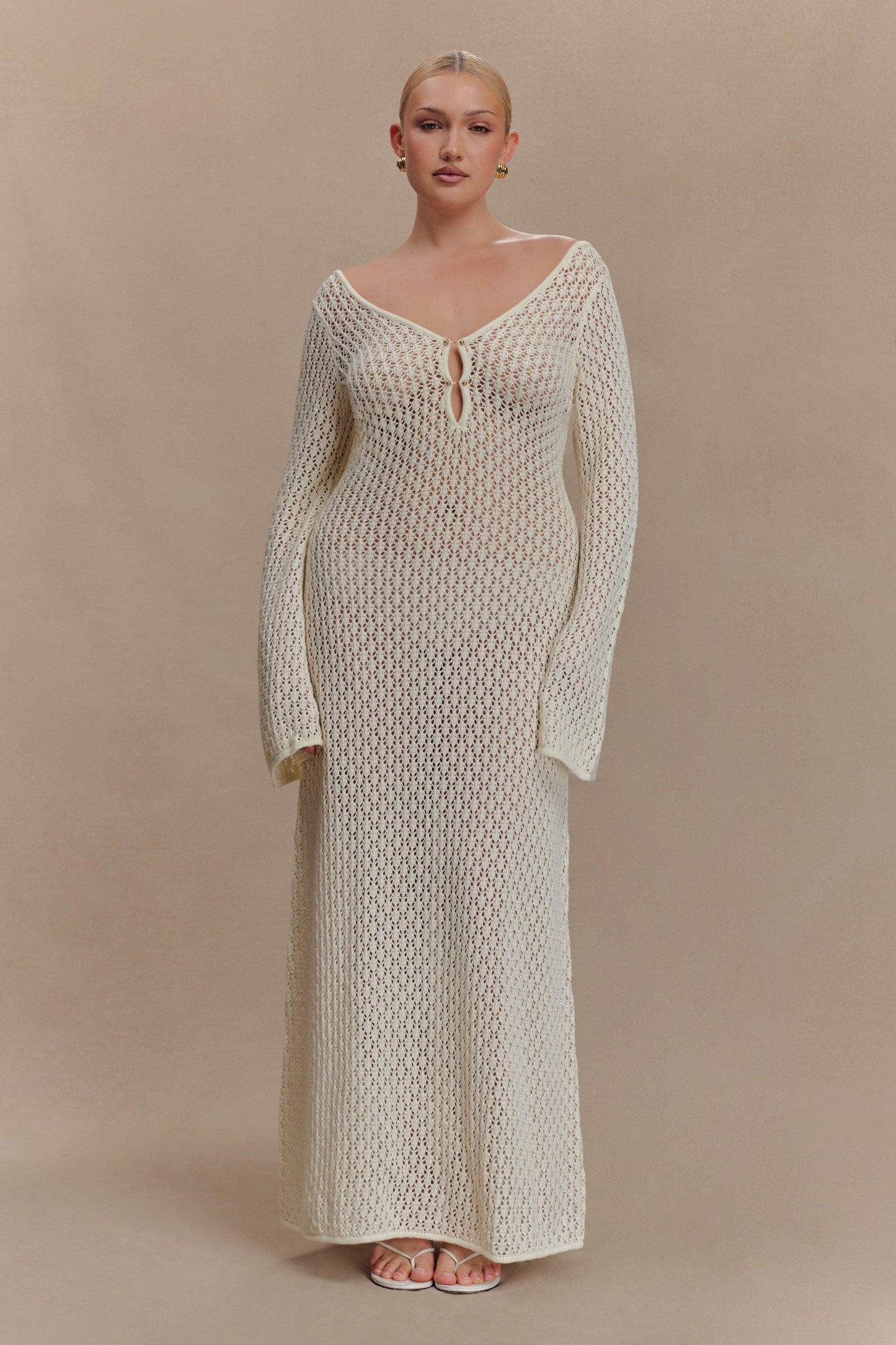 Sorielle Crochet Fishtail Flare Sleeve Maxi Dress
